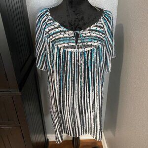 Avenue Beaded Tunic Blouse Size 22/24 Black White Stripe Boho Festival Sheer‎